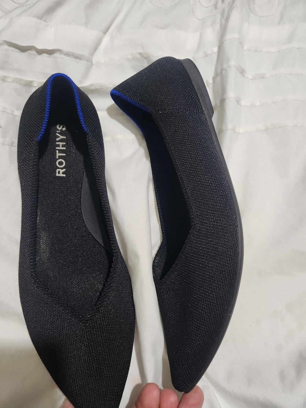 Rothy's Black Pointed Knit Flats with Blue Trim